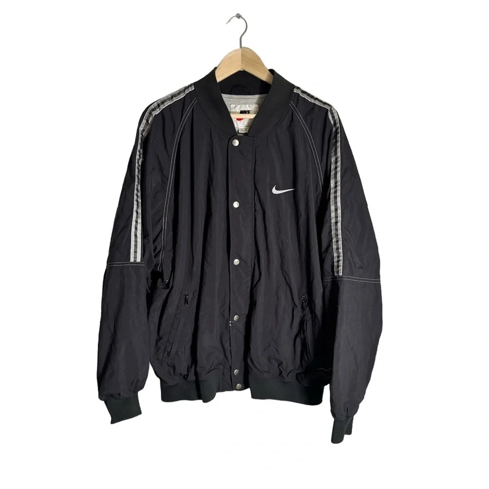Vintage Nike Men's XL Bomber Jacket Black Striped 90s Y2K Skater Snap Grunge - Picture 2 of 7